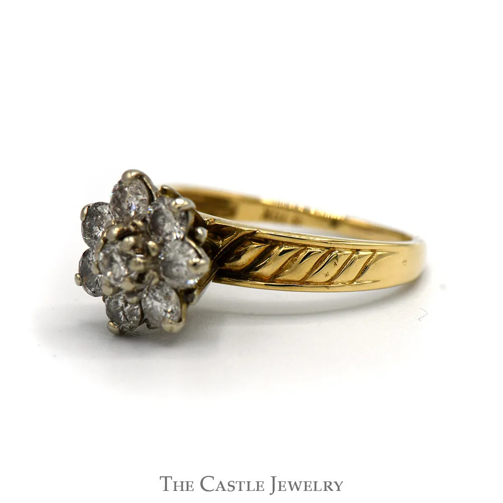 1cttw Diamond Flower Cluster Ring with Diagonally Grooved Sides in 10k Yellow Gold