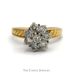 1cttw Diamond Flower Cluster Ring with Diagonally Grooved Sides in 10k Yellow Gold