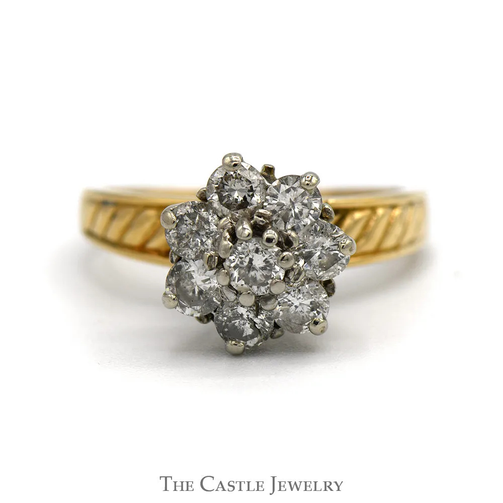 1cttw Diamond Flower Cluster Ring with Diagonally Grooved Sides in 10k Yellow Gold