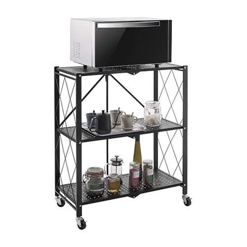 3 Layer Folding Storage Shelf Metal Rack with Rolling Wheel BZ-001 - Black