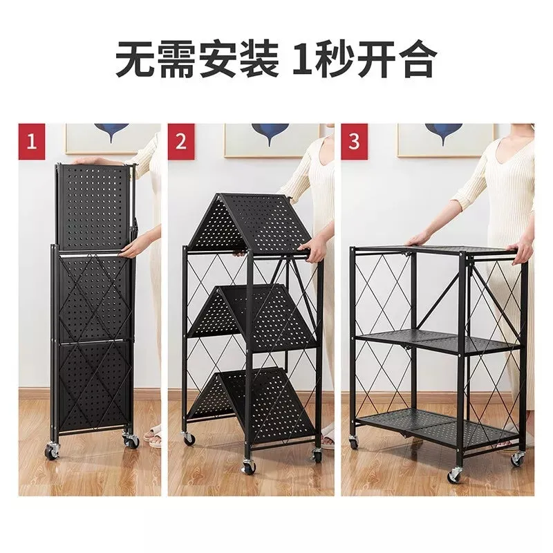 3 Layer Folding Storage Shelf Metal Rack with Rolling Wheel BZ-001 - Black