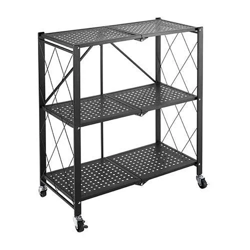 3 Layer Folding Storage Shelf Metal Rack with Rolling Wheel BZ-001 - Black