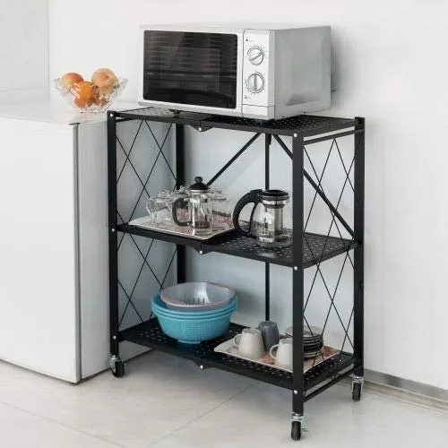 3 Layer Folding Storage Shelf Metal Rack with Rolling Wheel BZ-001 - Black