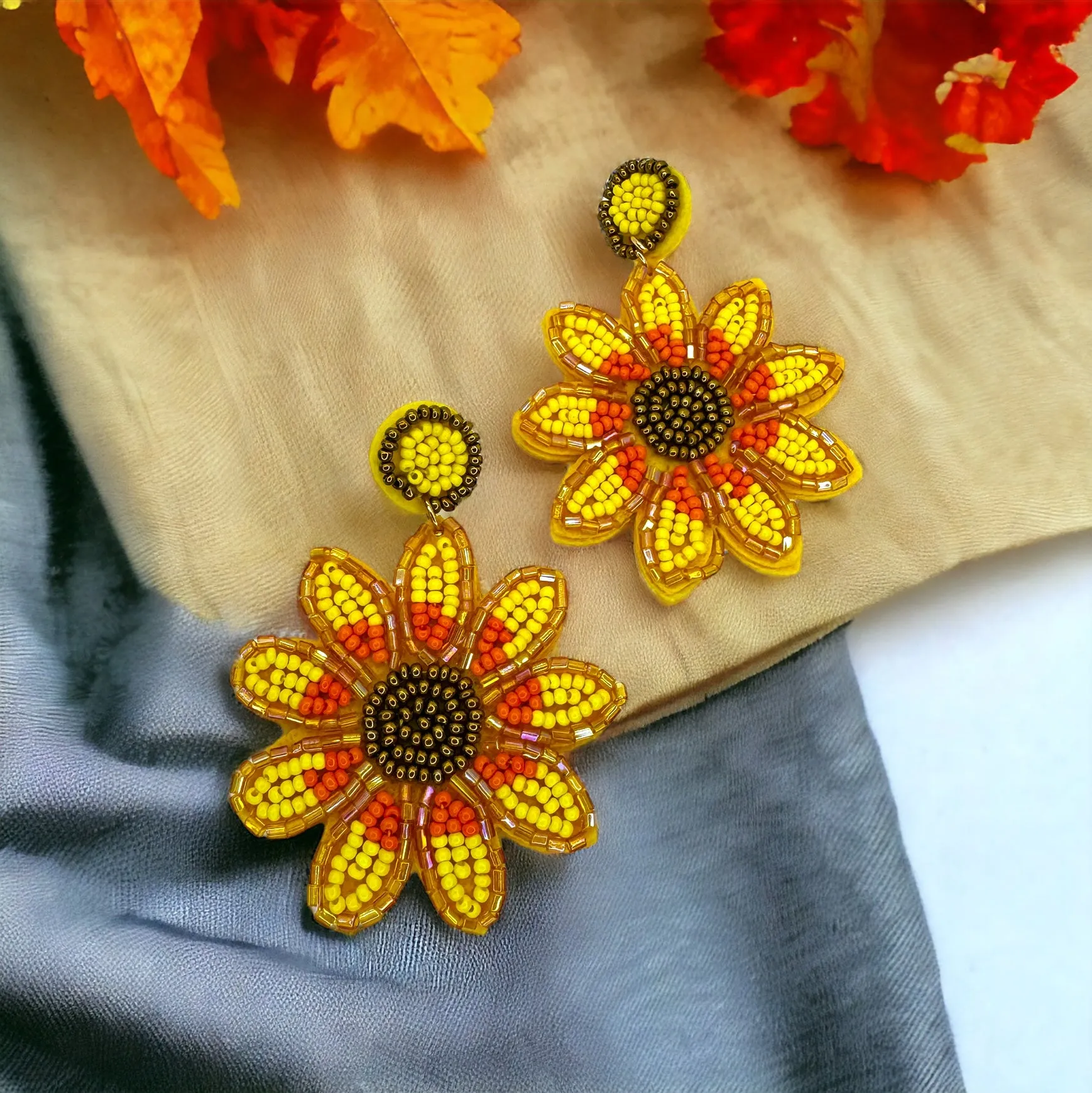 Beaded Sunflower Earrings - Beaded Accessories, Beaded Earrings, Flower Jewelry, Beaded Flower, Handmade Earrings