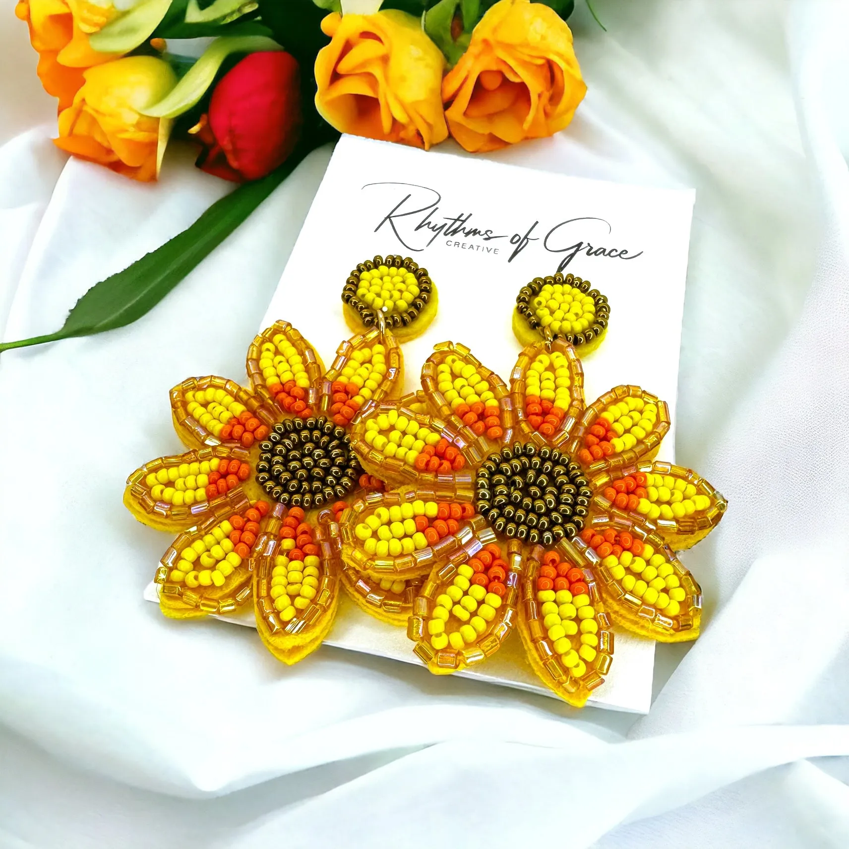 Beaded Sunflower Earrings - Beaded Accessories, Beaded Earrings, Flower Jewelry, Beaded Flower, Handmade Earrings