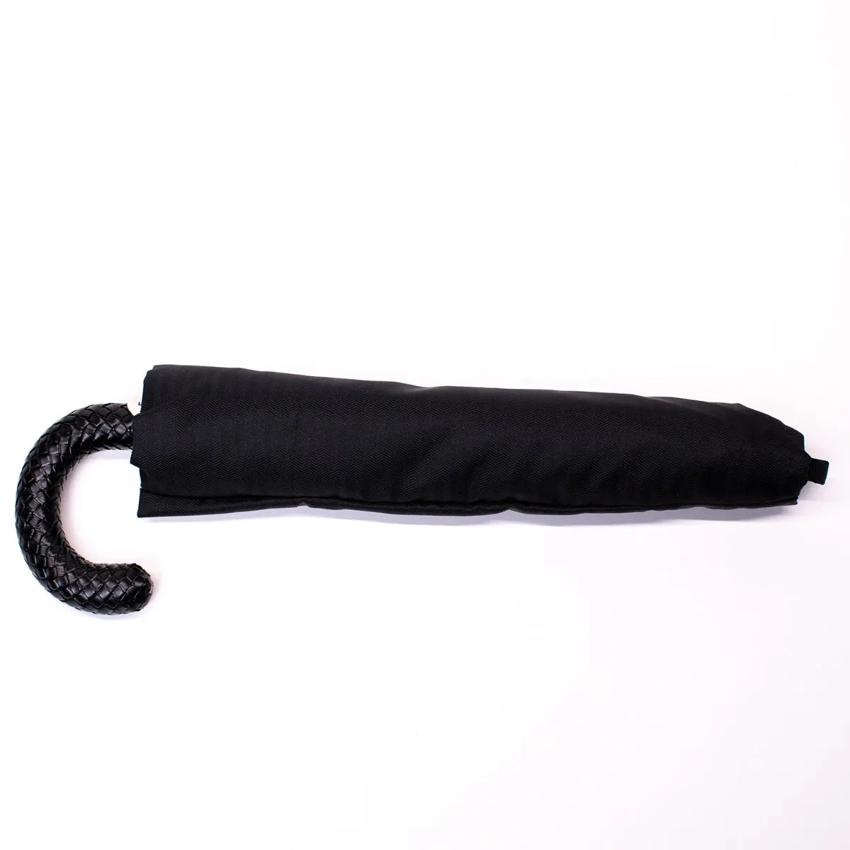 Black Herringbone Canopy Travel Umbrella Woven Leather Handle