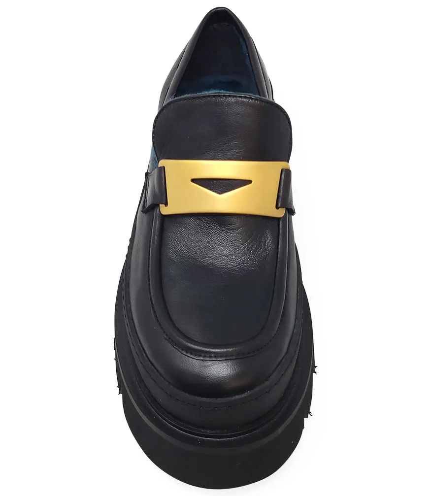 Black Leather Chunky Loafer With Shearling