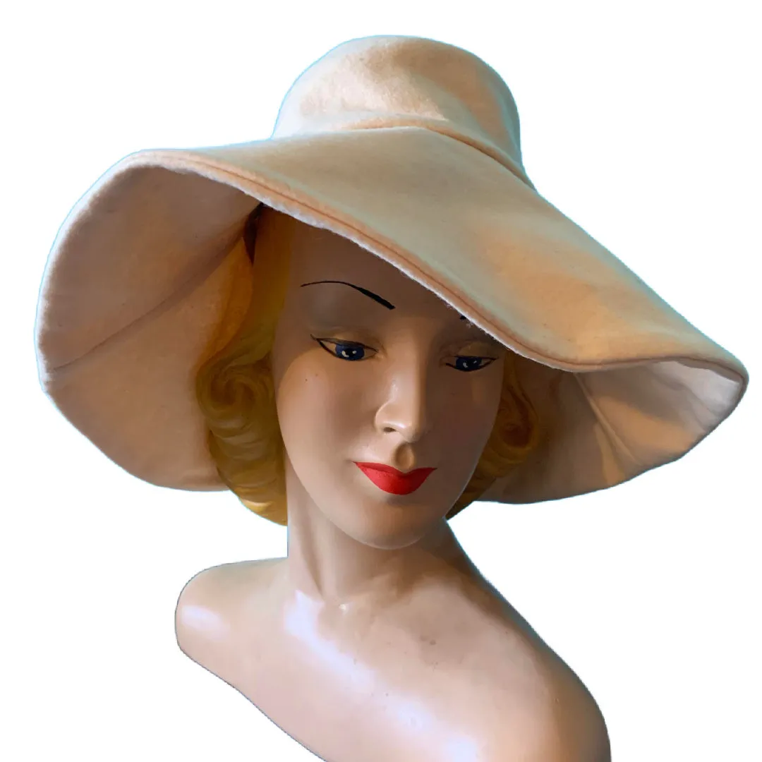 Bone White Felted Wool Slouchy Hat with Wide Brim circa 1970s