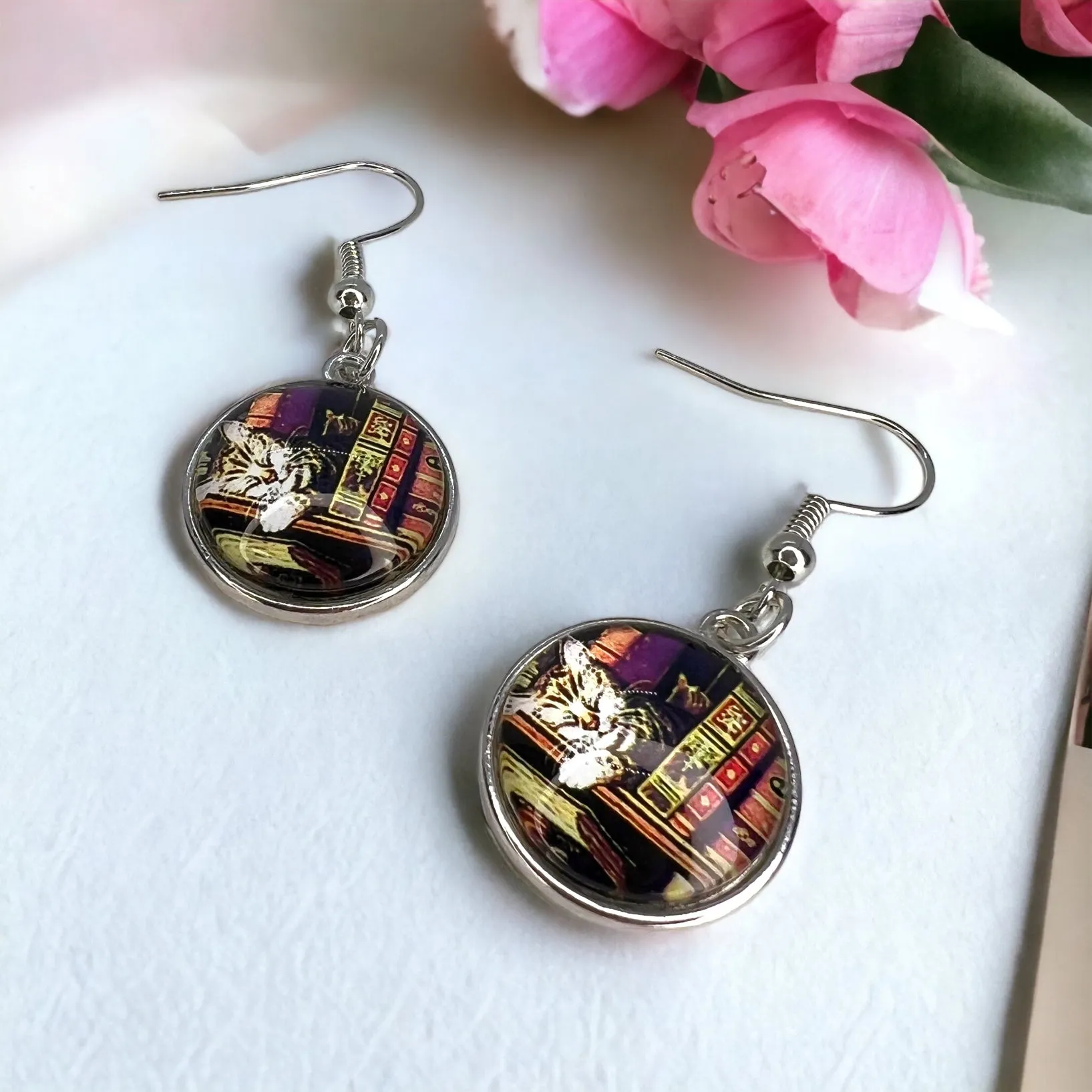 Book Club Earrings - Cat Earrings, Handmade Earrings, Book Shop Cat, Librarian Earrings