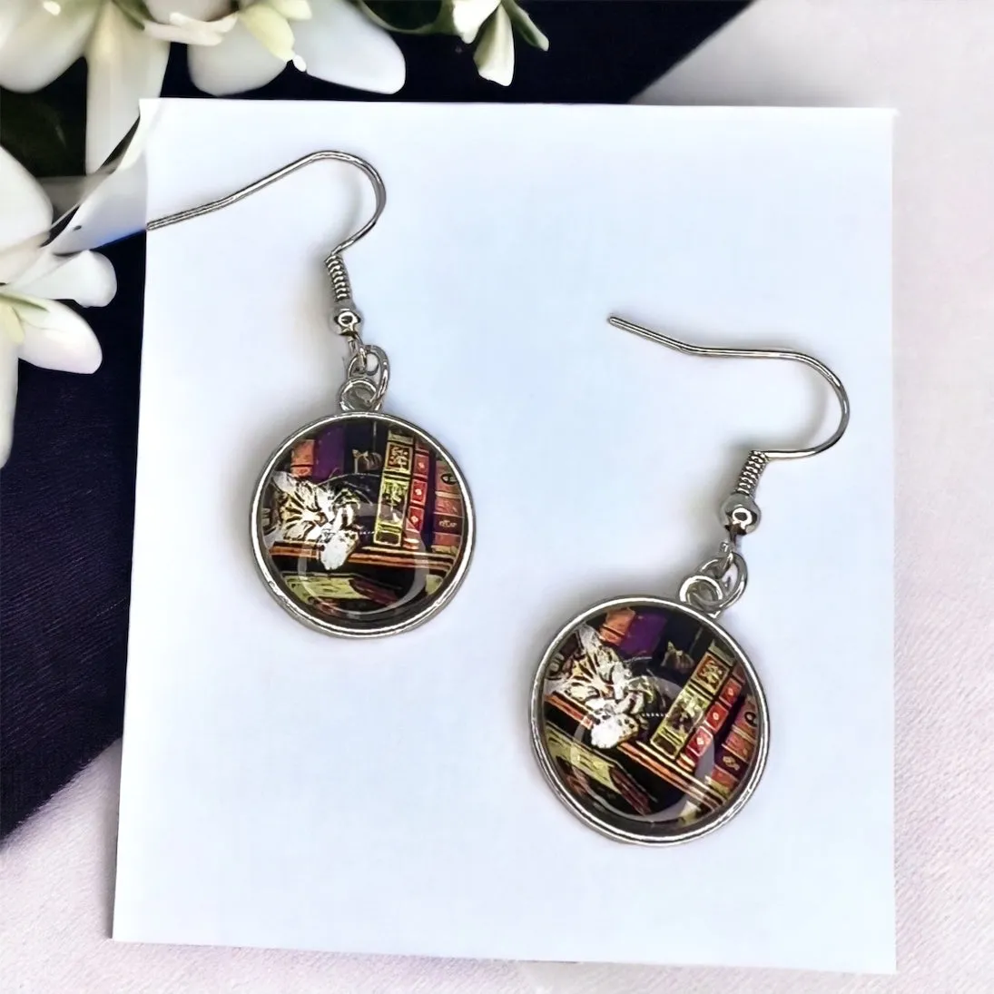 Book Club Earrings - Cat Earrings, Handmade Earrings, Book Shop Cat, Librarian Earrings