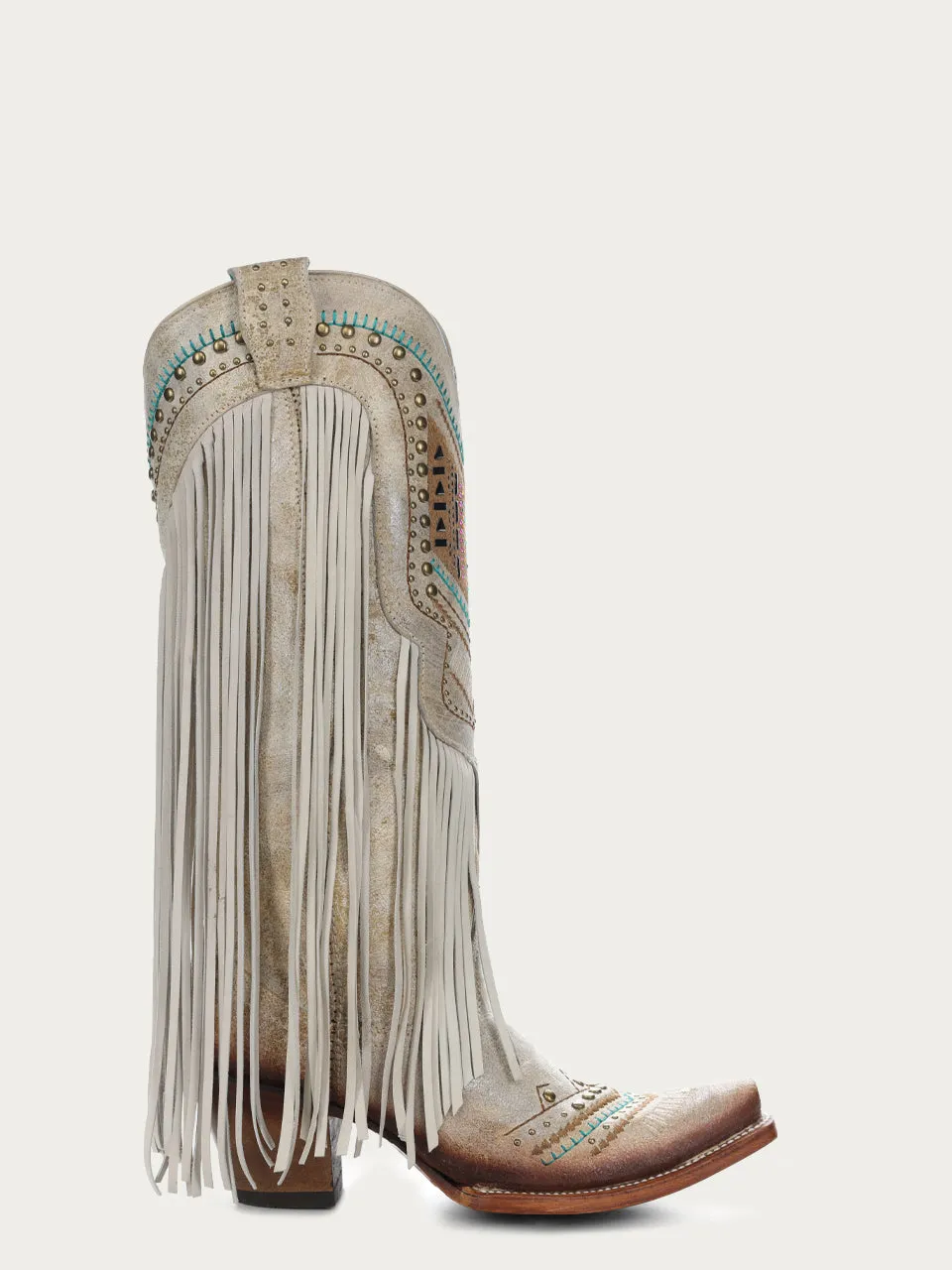 C3424 - WOMEN'S CRYSTALS PATTERN EMBROIDERY AND FRINGE SNIP TOE BROWN COWBOY BOOT