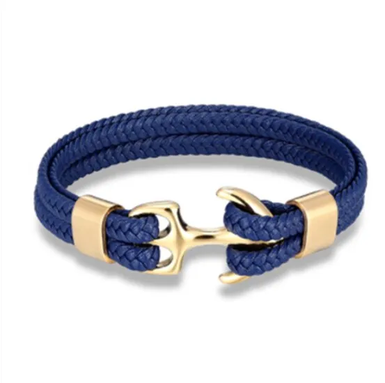 Canyon Lake Leather Rope Chain Anchor Bracelet, Navy / Gold