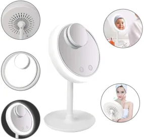 Cool Aire Mirror – Portable 3-in-1 USB Rechargeable LED Light Desktop Round Makeup Mirror with Fan