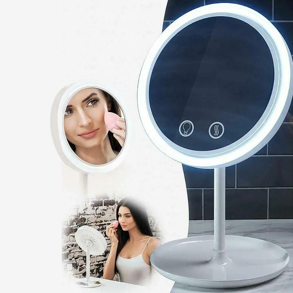 Cool Aire Mirror – Portable 3-in-1 USB Rechargeable LED Light Desktop Round Makeup Mirror with Fan