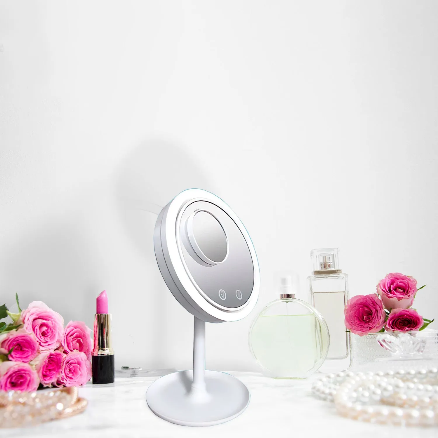 Cool Aire Mirror – Portable 3-in-1 USB Rechargeable LED Light Desktop Round Makeup Mirror with Fan