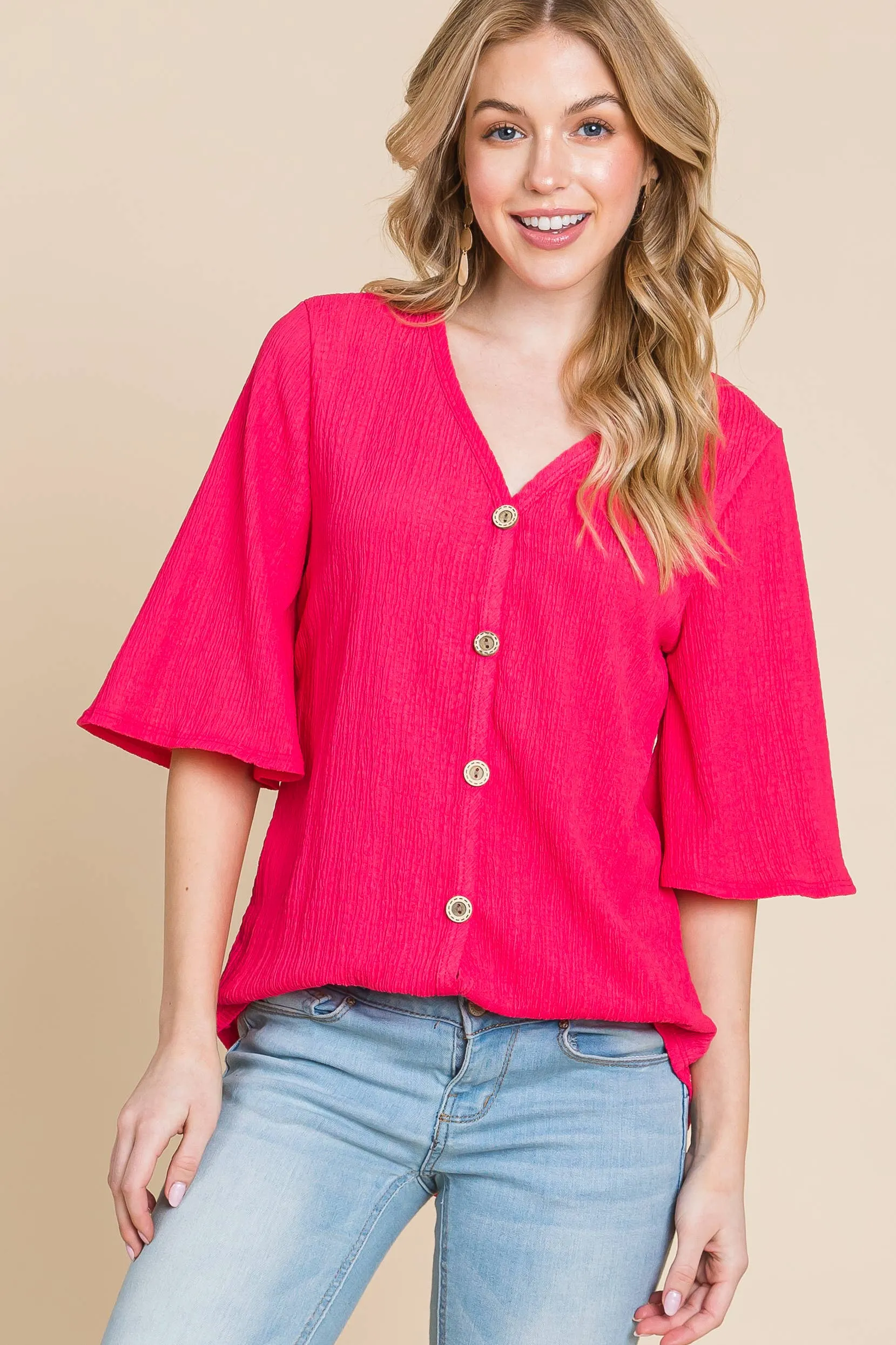 Crinkled Knit Button Up Top