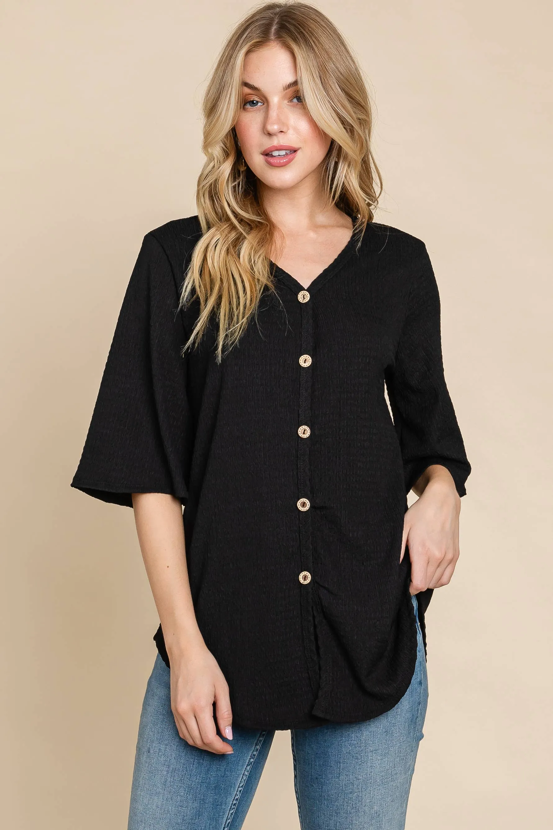 Crinkled Knit Button Up Top