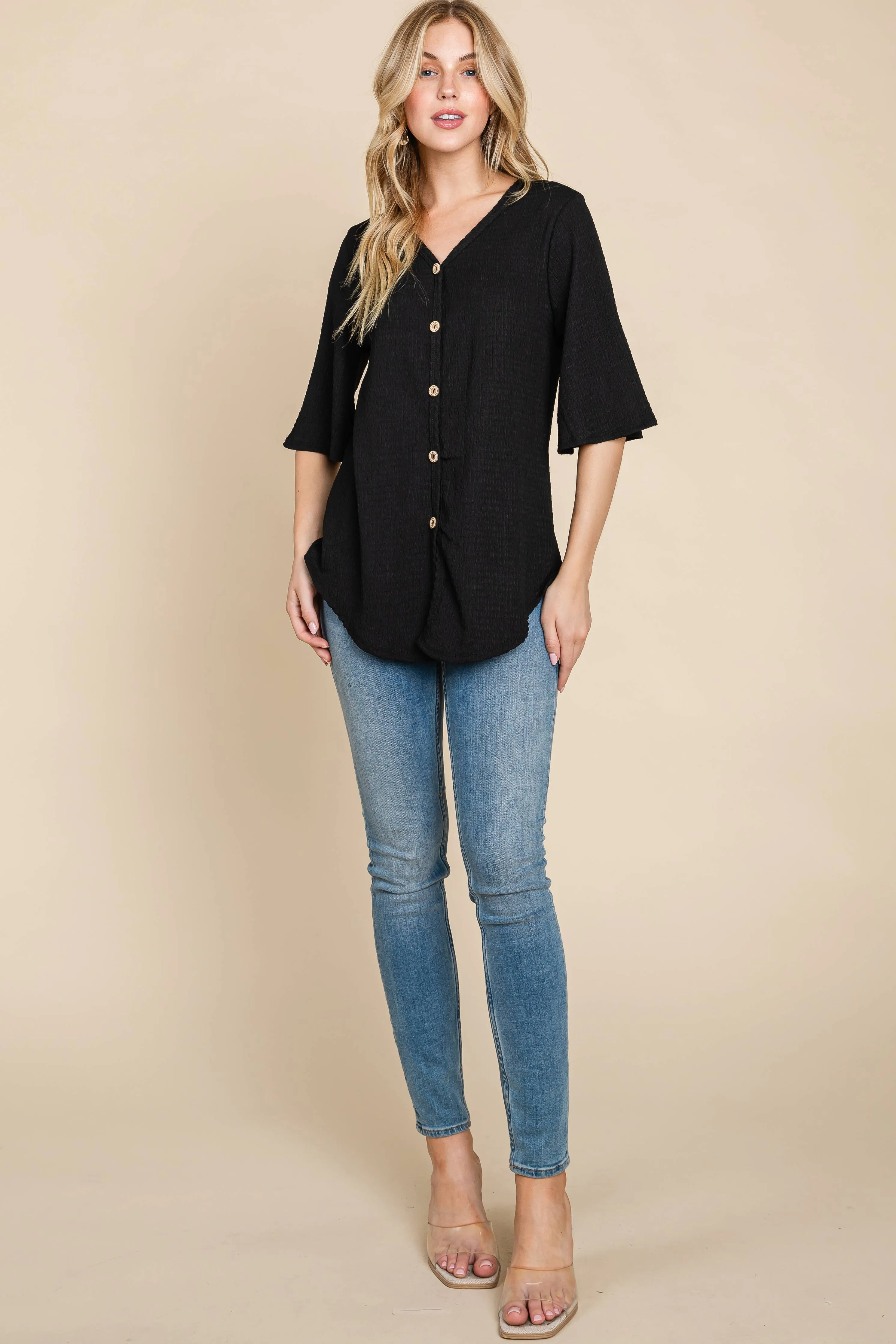 Crinkled Knit Button Up Top