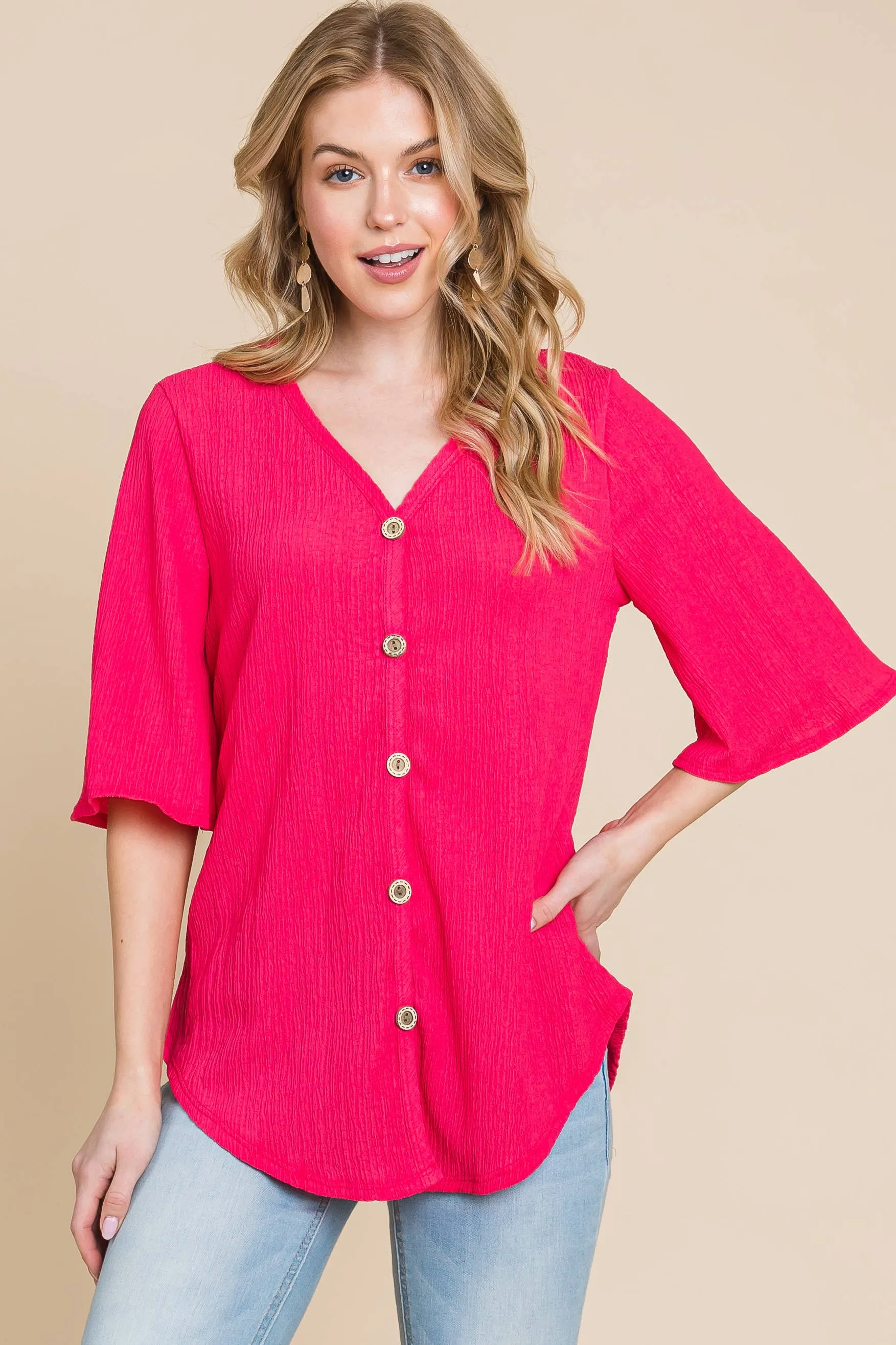 Crinkled Knit Button Up Top