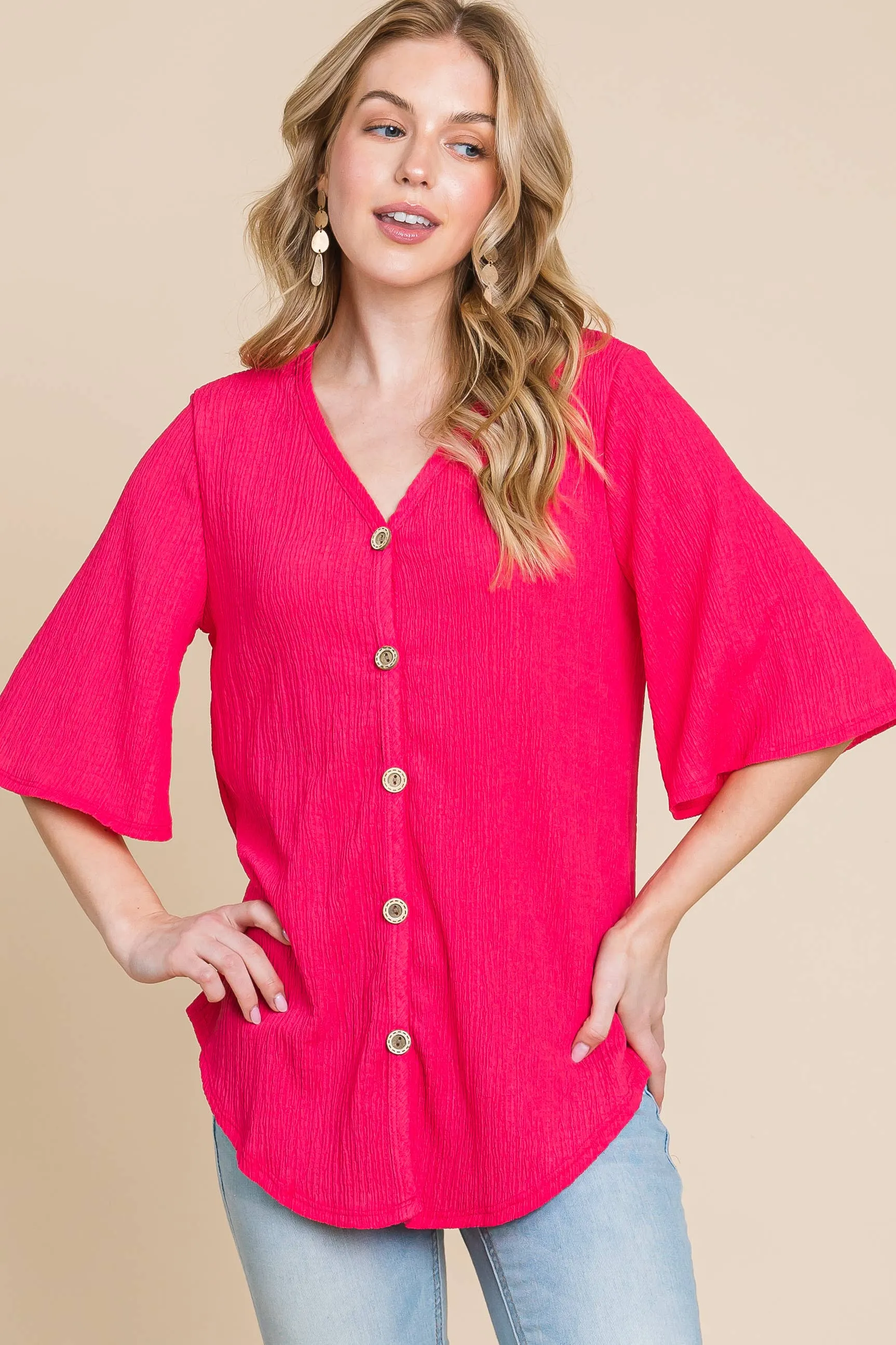 Crinkled Knit Button Up Top