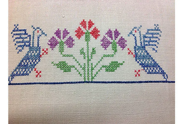 Cross-Stitched Linen Pillow Cover with Floral Design