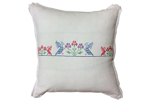 Cross-Stitched Linen Pillow Cover with Floral Design