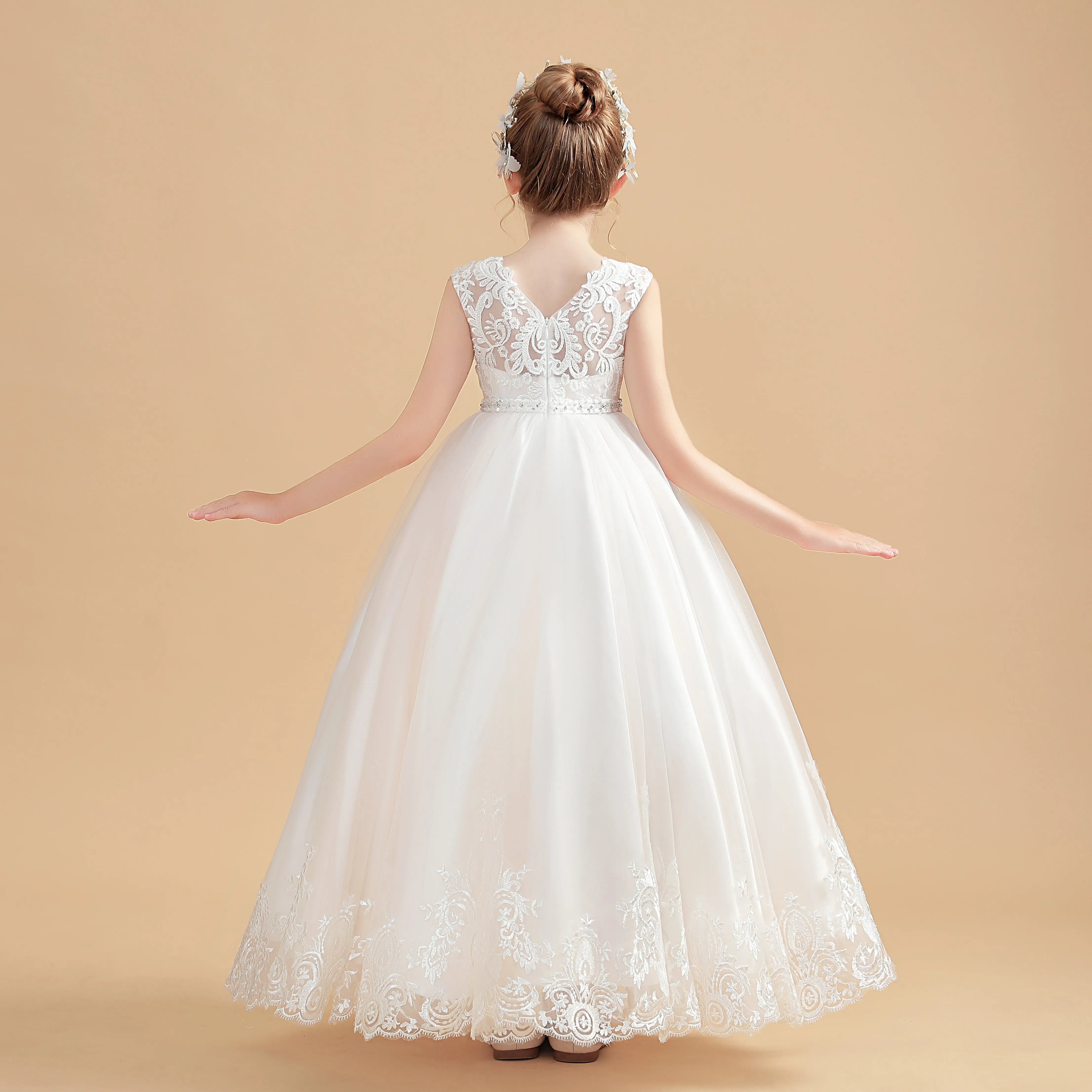 Cute Ivory Cap Sleeves Tulle Flower Girl Dresses With Beading