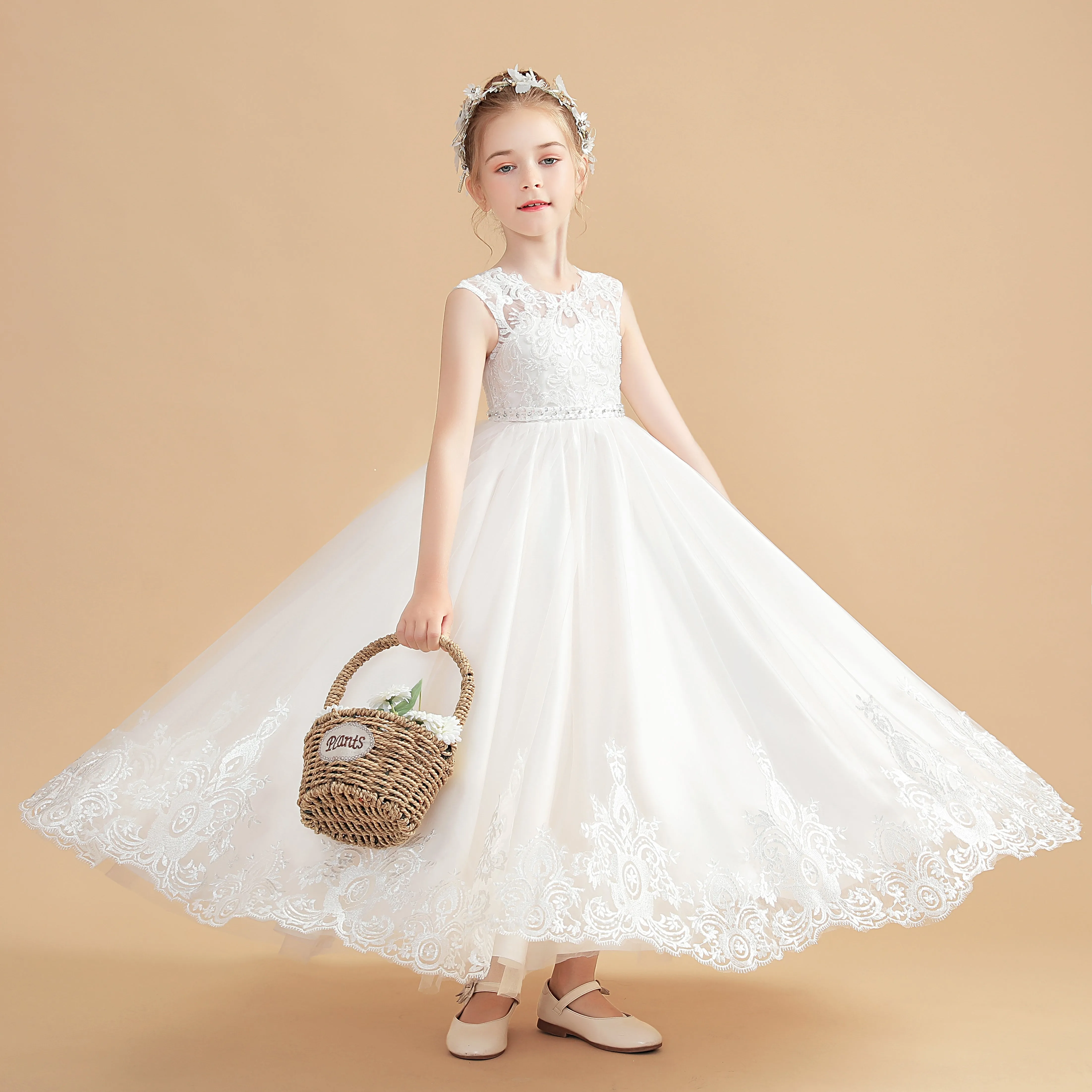 Cute Ivory Cap Sleeves Tulle Flower Girl Dresses With Beading