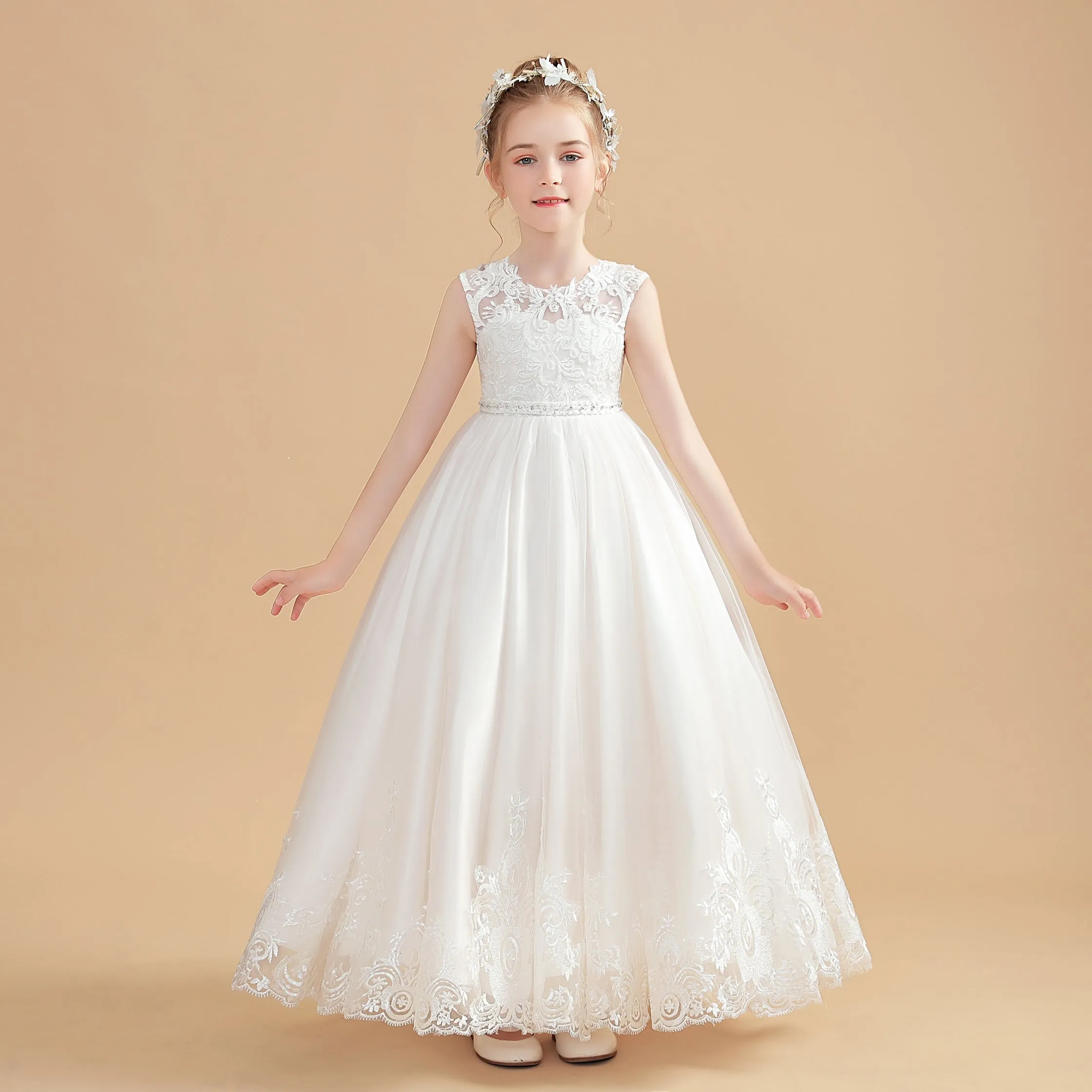 Cute Ivory Cap Sleeves Tulle Flower Girl Dresses With Beading