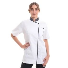 Expression Women's White Kitchen Coat with Gray or Black Piping - ROBUR