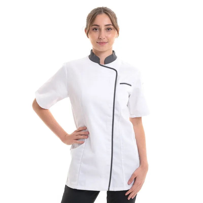 Expression Women's White Kitchen Coat with Gray or Black Piping - ROBUR