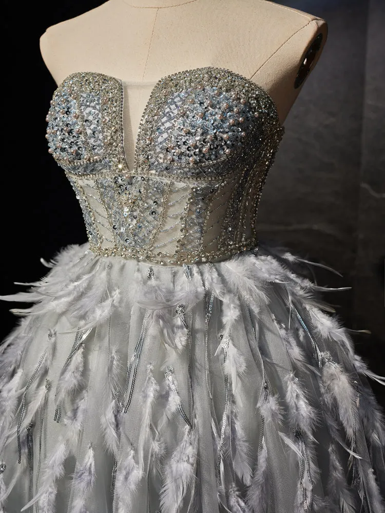 Exquisite Beading Strapless Feathers A Line Homecoming Dresses