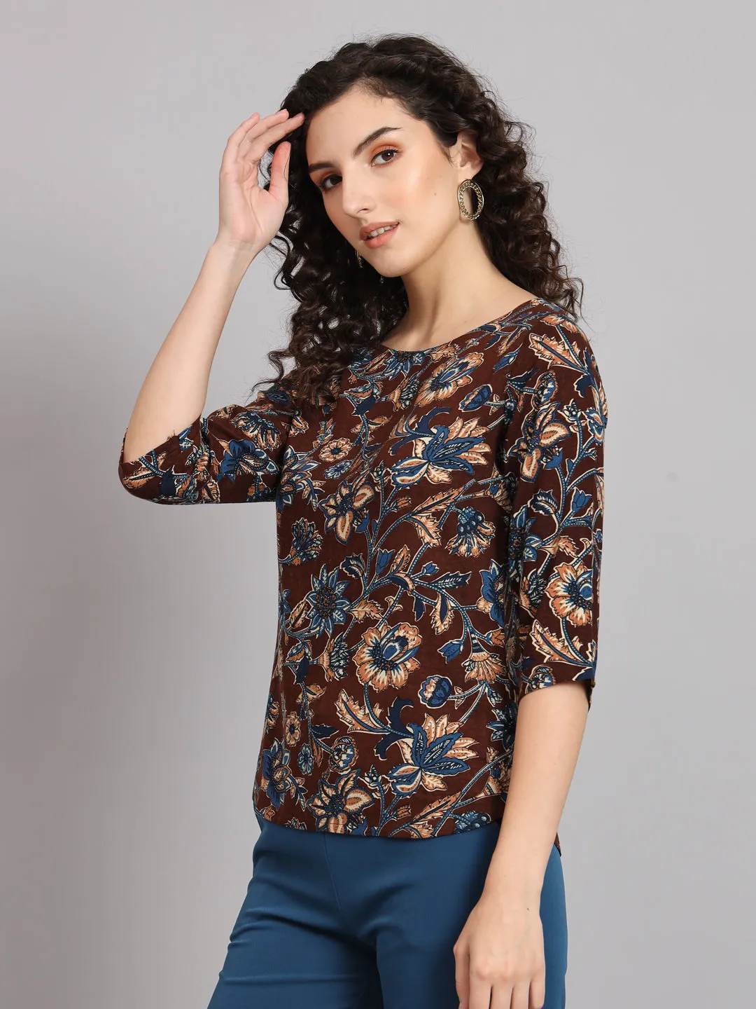 Floral Cotton Top - Brown