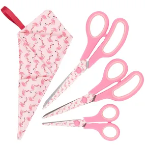 Gift Box Soft Grip Pink Flamingo Scissors Set - 3 Sizes - Handmade Fabric Case - All-Purpose Crafts, Office & School - Stainless Steel