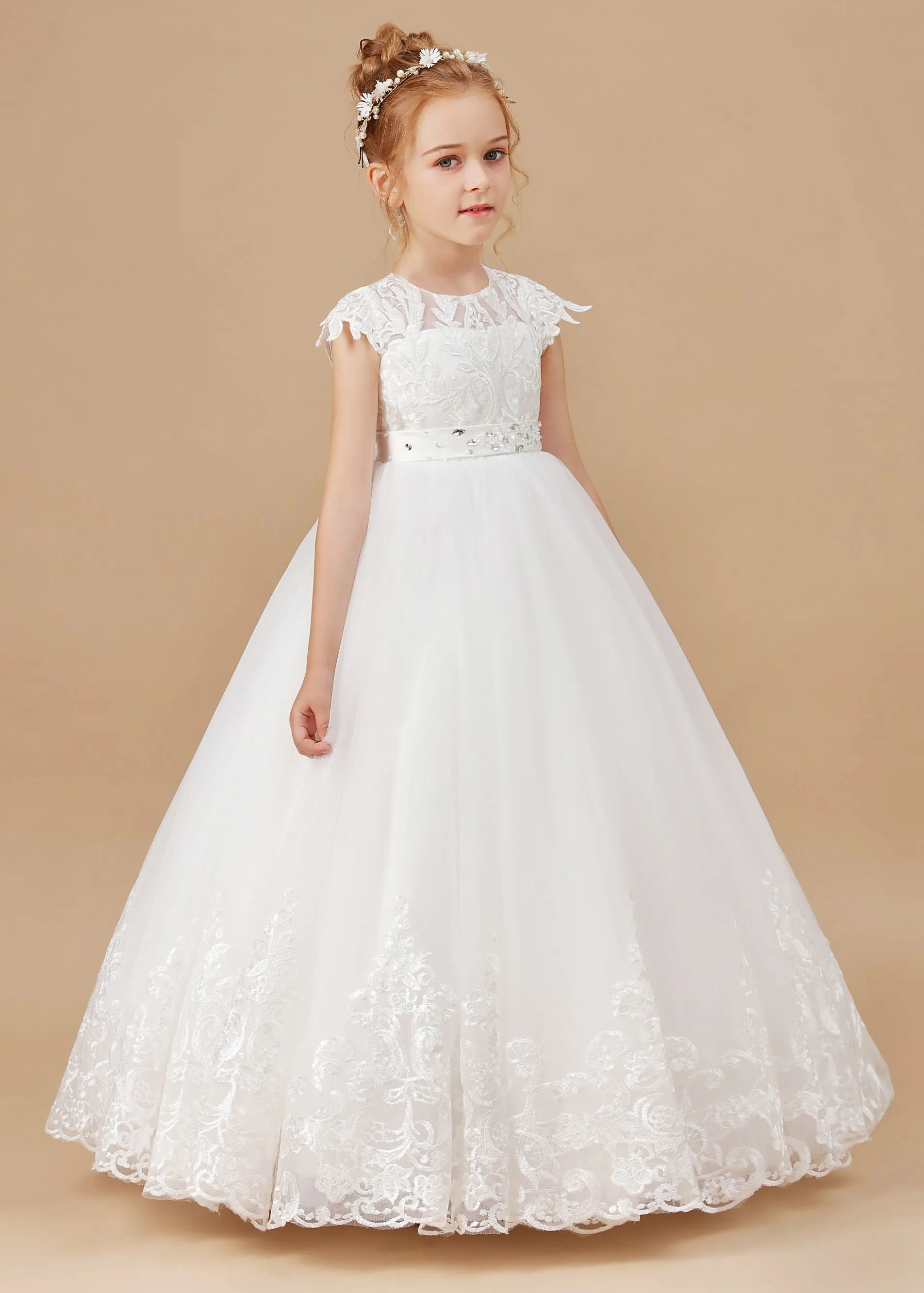 Ivory  Lace Satin Princess Dress Flower Girl Dress With Bowknot