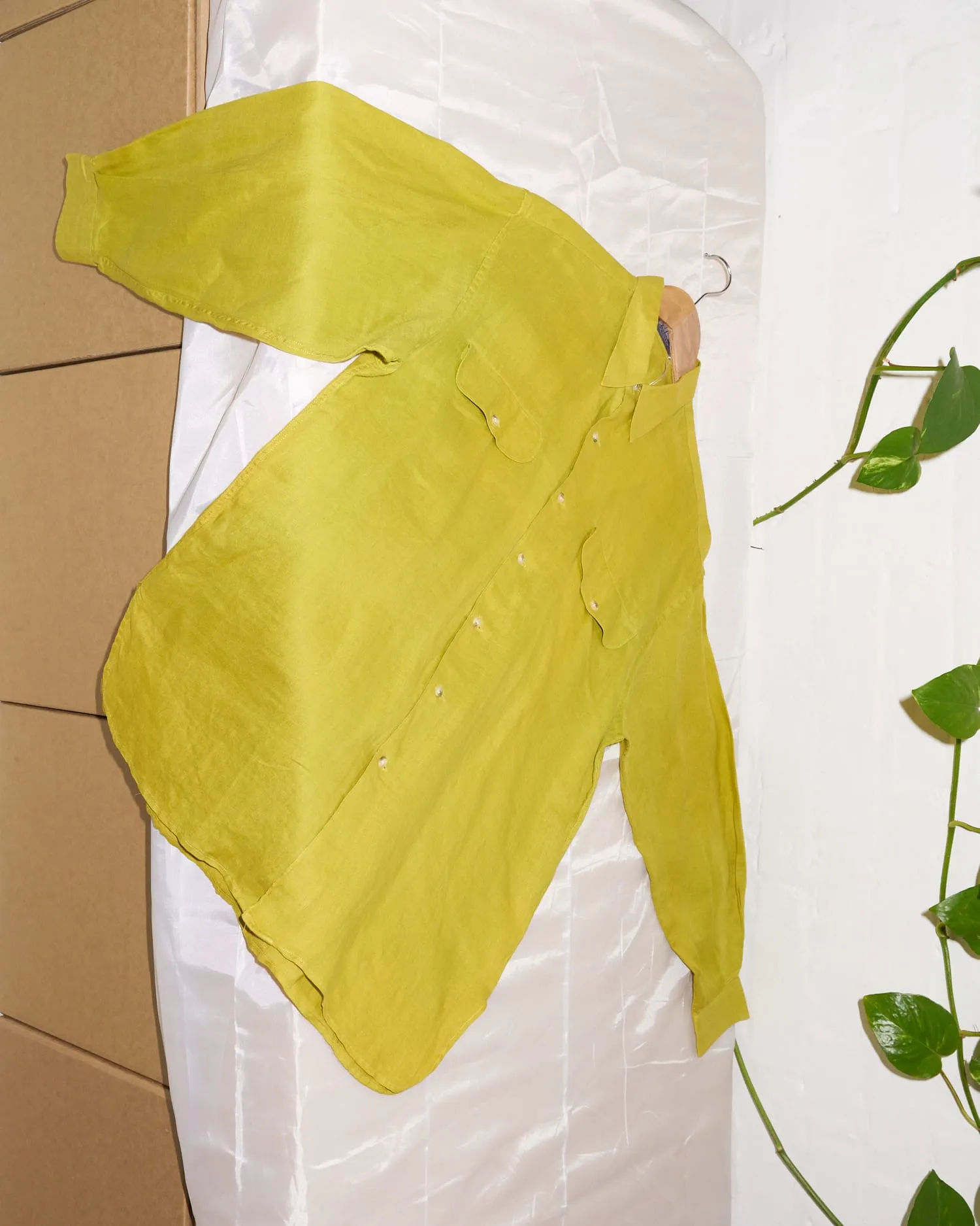 Jun Men Import 1990s yellowy-green linen double pocket shirt