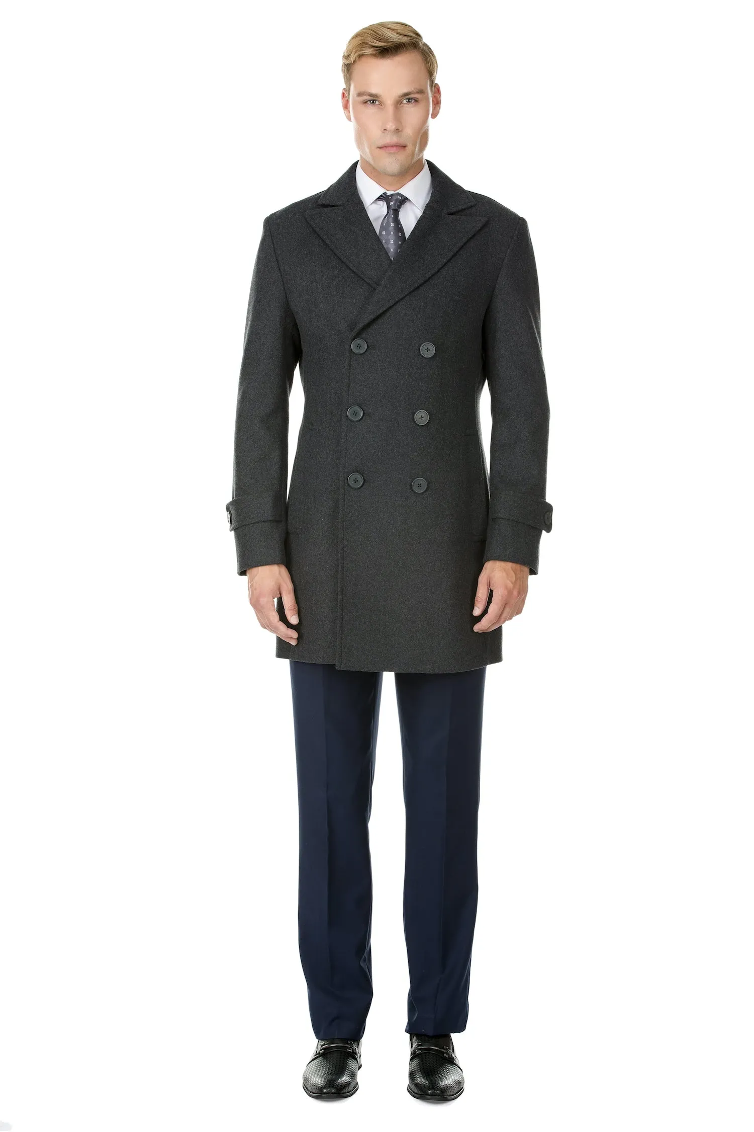 Men's Double Breasted Pea Coat Wool Blend Dress Jacket Peacoat