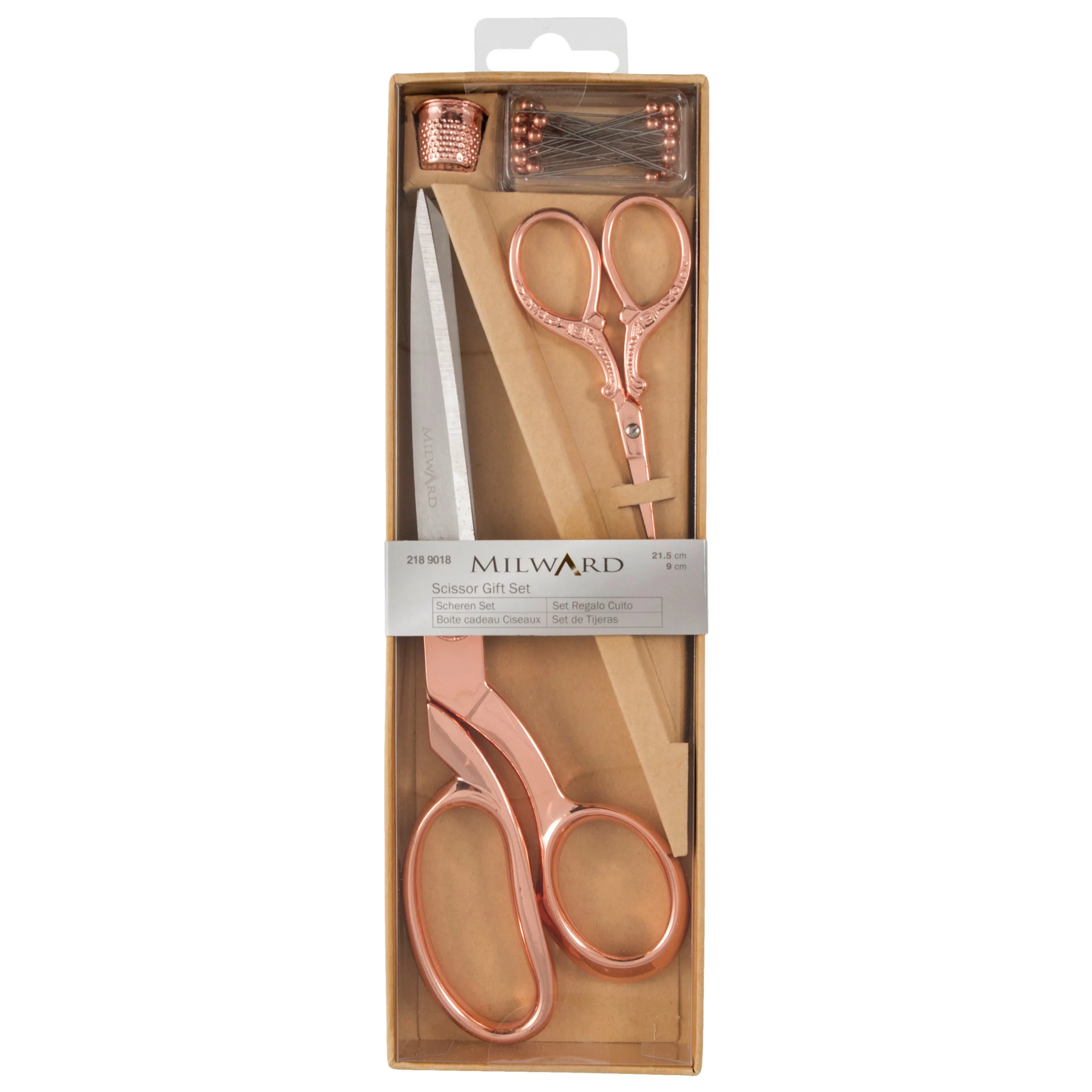 Milward Scissors: Gift Set: Dressmaking and Embroidery (21.5cm 9.5cm), Thimble & Pins: Rose Gold