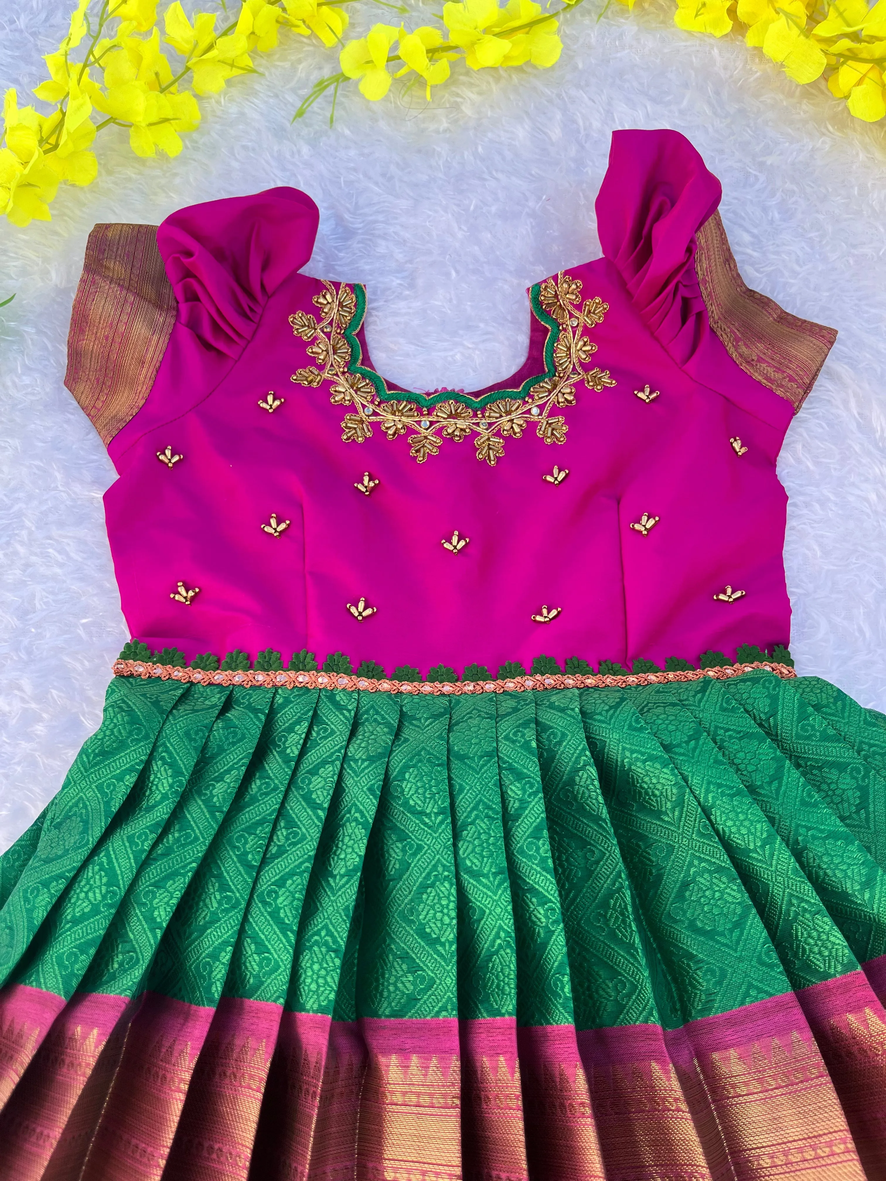 PRE ORDER : Enchanting Purple and Golden Embroidered Frock with Green Waistband