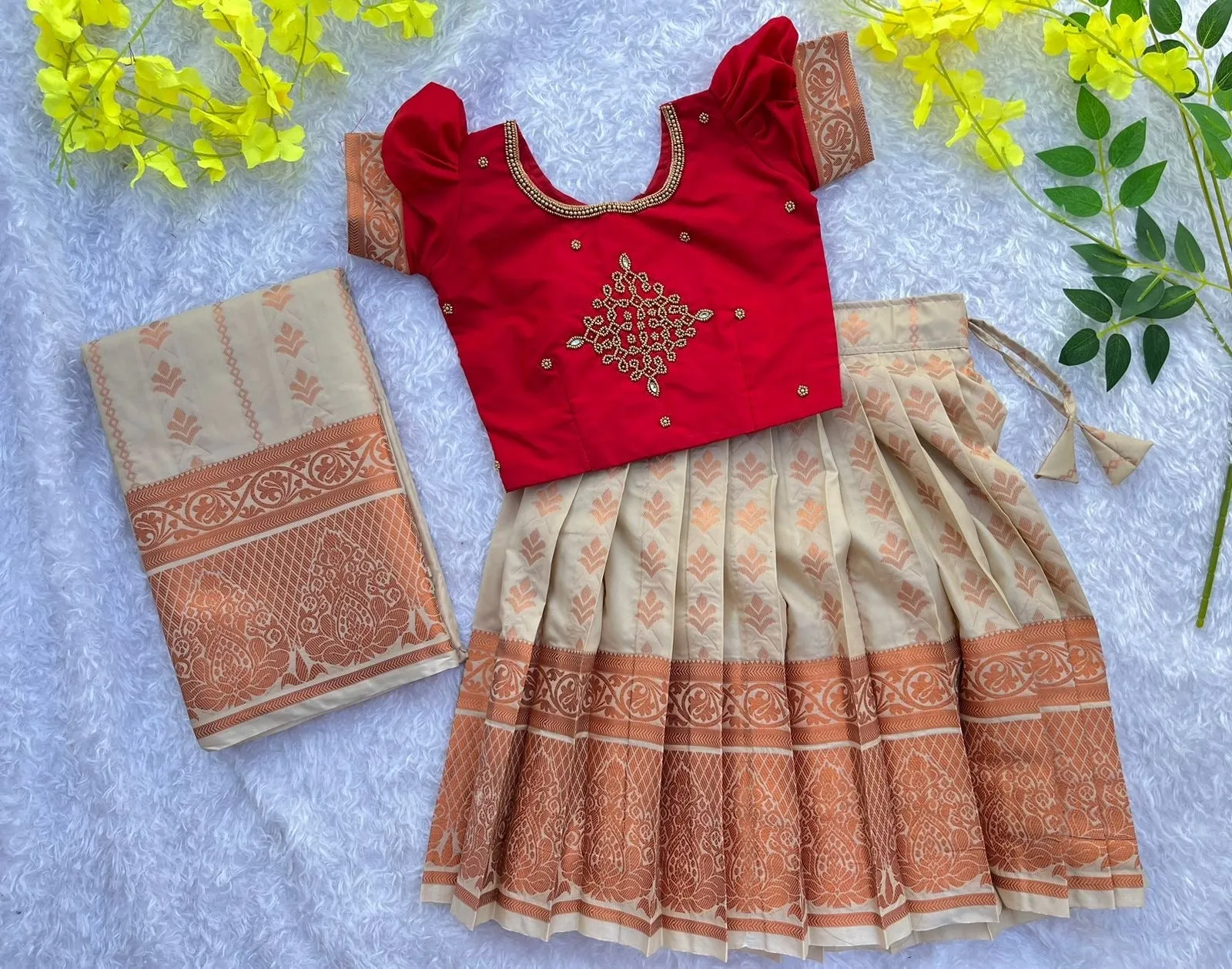 PRE ORDER : Exquisite Latte and Red Aari Work Lehenga