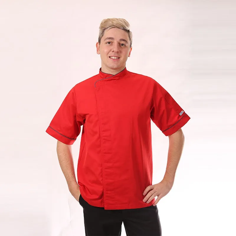 Red Short Sleeve or Long Sleeve Kitchen Coat with Gray Piping - MANELLI