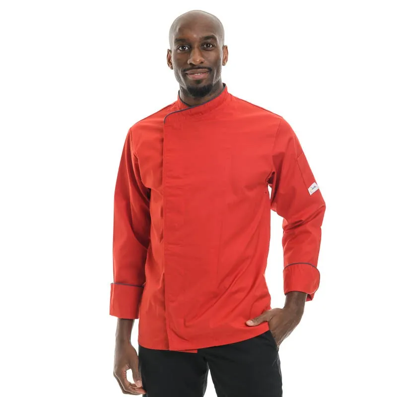 Red Short Sleeve or Long Sleeve Kitchen Coat with Gray Piping - MANELLI