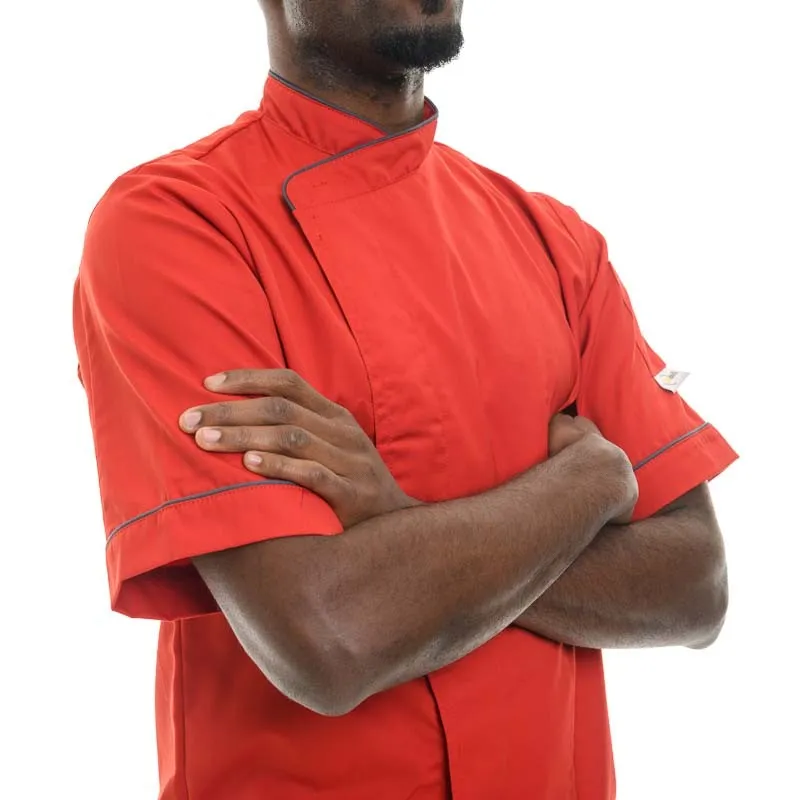 Red Short Sleeve or Long Sleeve Kitchen Coat with Gray Piping - MANELLI