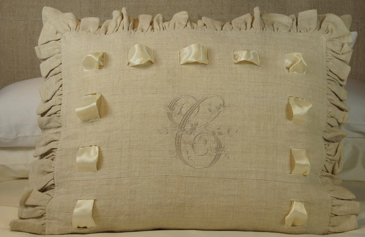 Ruffled Antique Hand-loomed Linen Sham with "C" Monogram