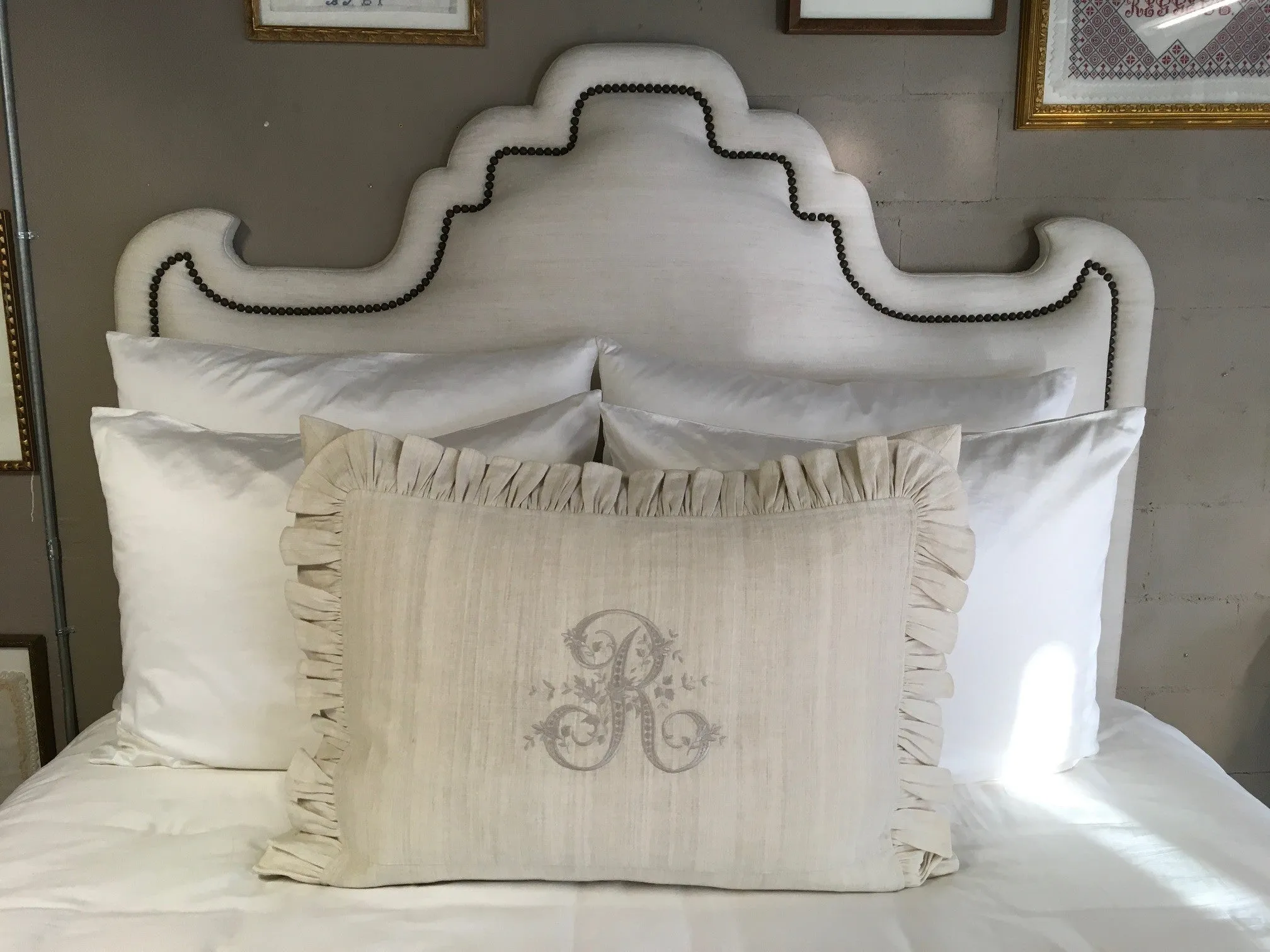 Ruffled Linen Euroking Pillow with R monogram