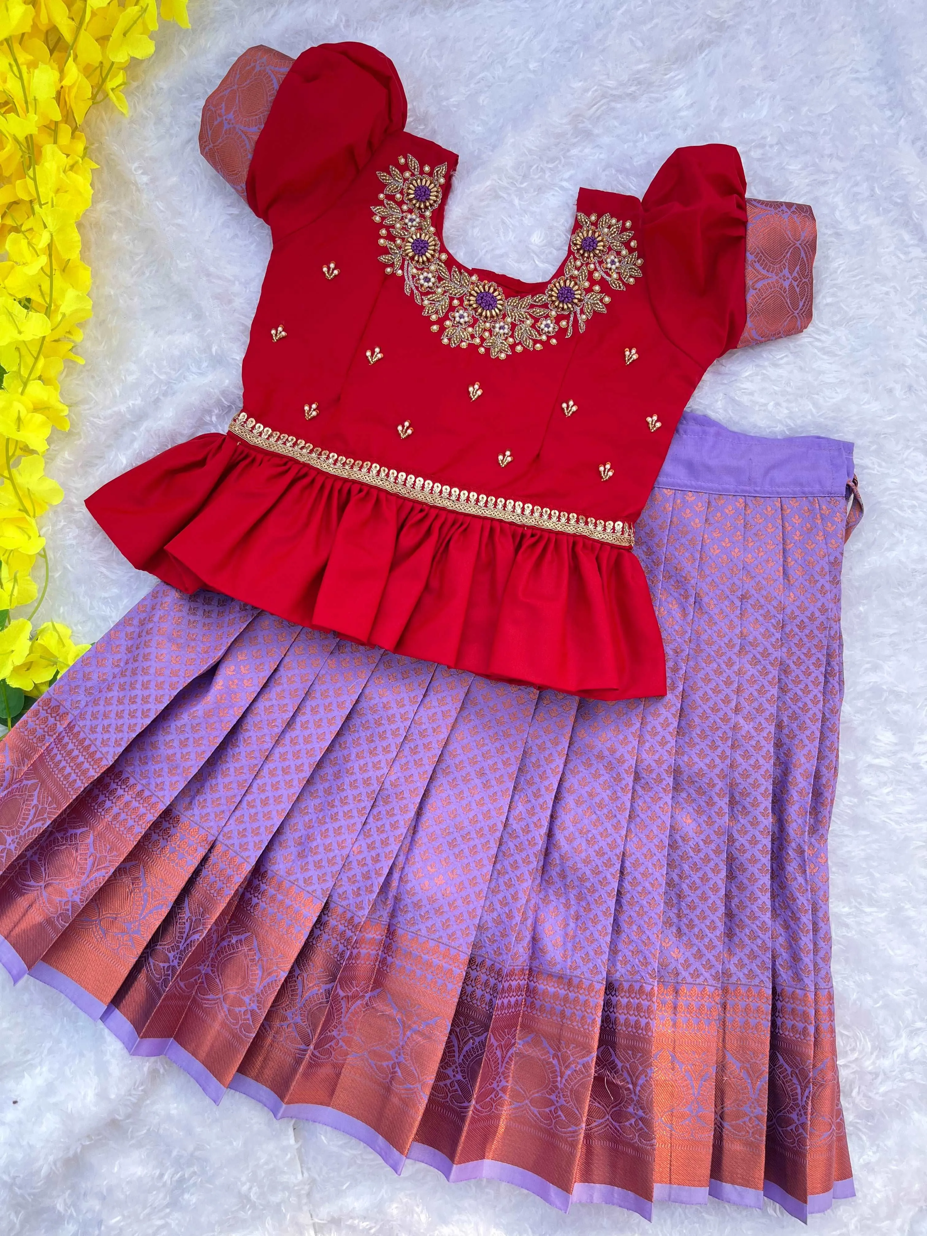 Scarlet Elegance: Red Top with Violet Semi-Silk Skirt - Aari Work