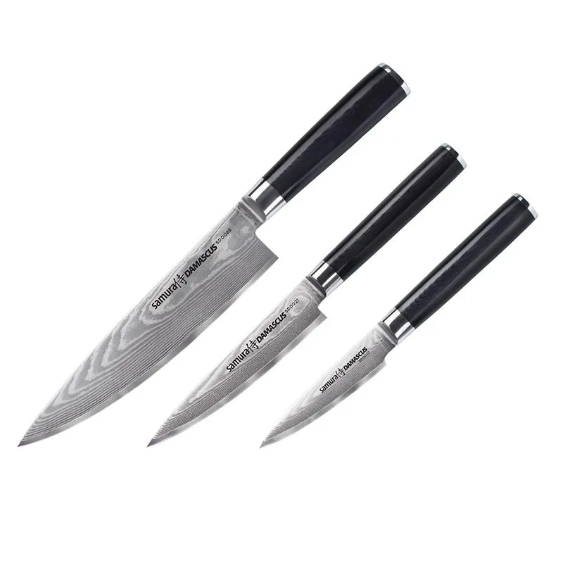 Set of 3 Chef Knives 7.87 inch   Utility 3.54 inch and 4.72 inch Damascus - SAMURA