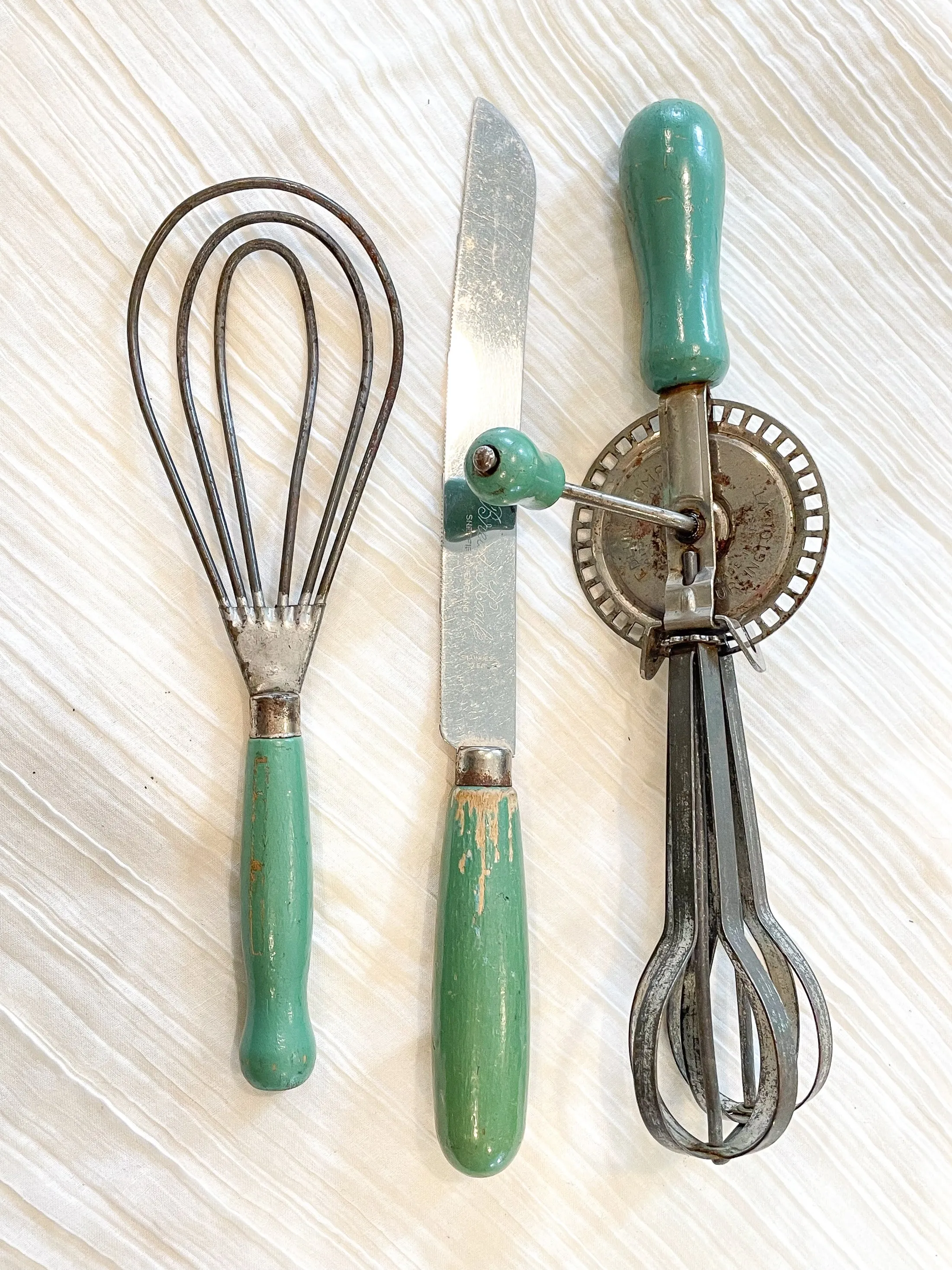 SOLD Vintage Kitchen Gadgets, Green Wood Handles, 3 Piece Set