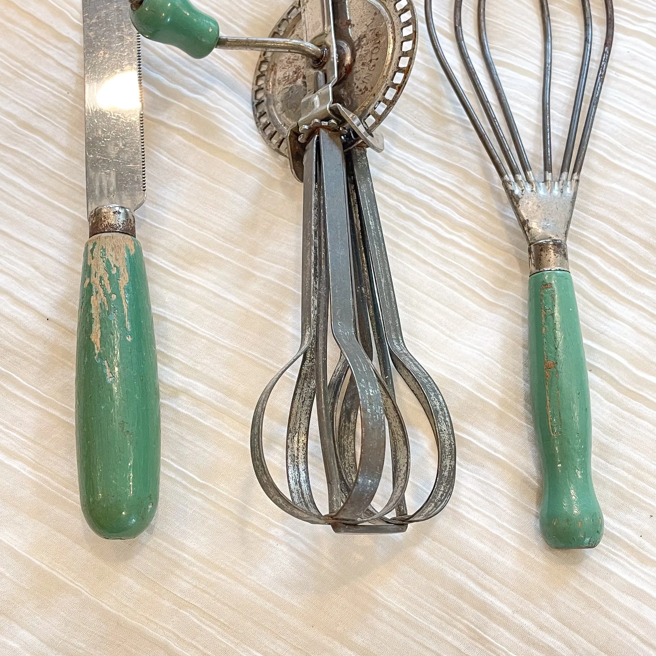 SOLD Vintage Kitchen Gadgets, Green Wood Handles, 3 Piece Set