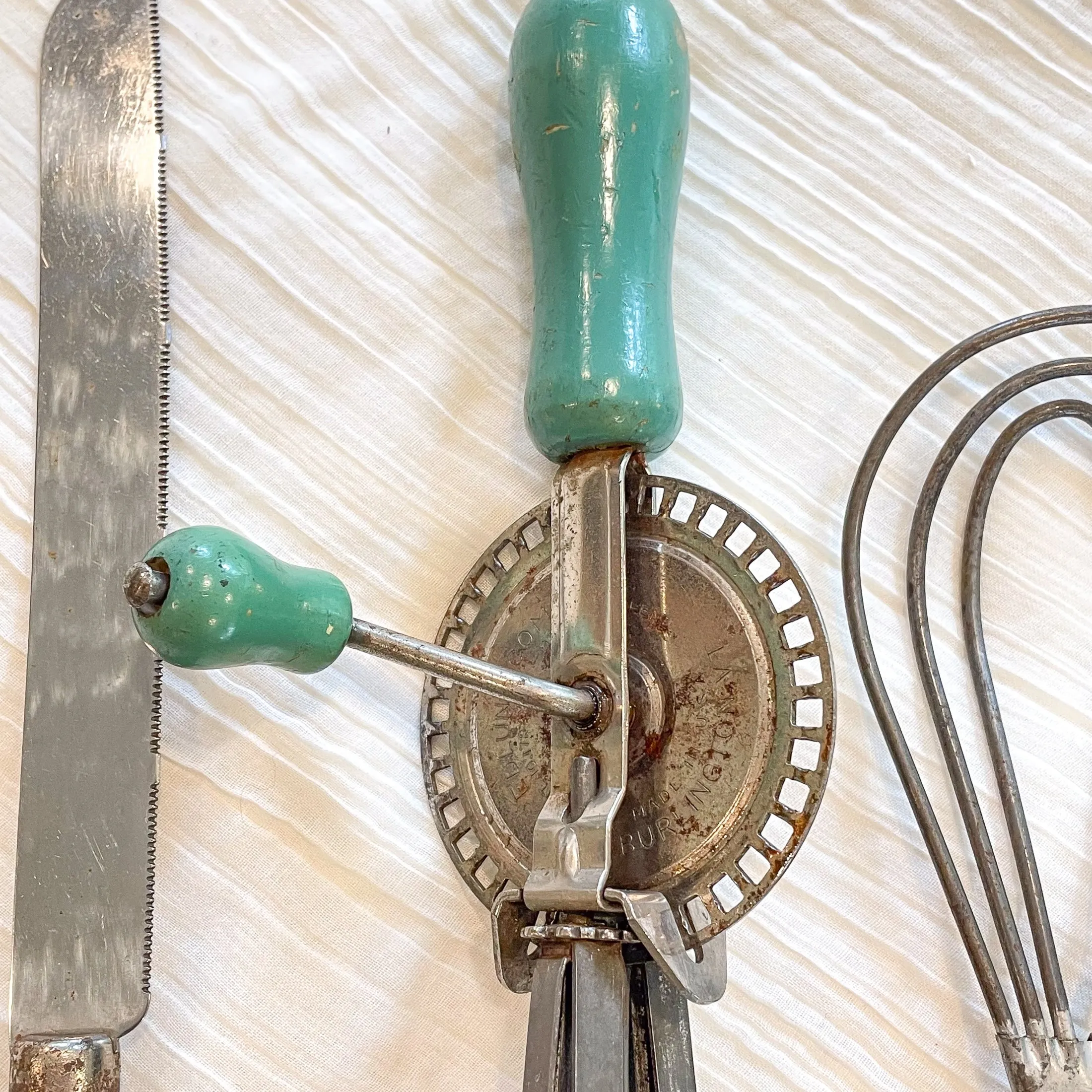 SOLD Vintage Kitchen Gadgets, Green Wood Handles, 3 Piece Set